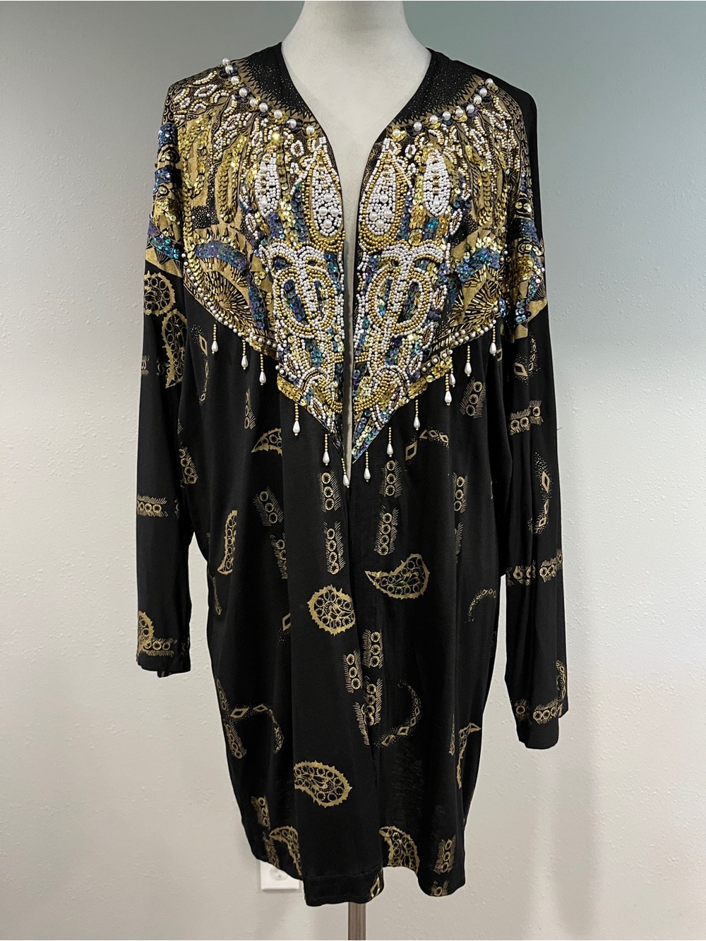 Vintage embellished beaded oversized Black & Gold‎ open shrug
